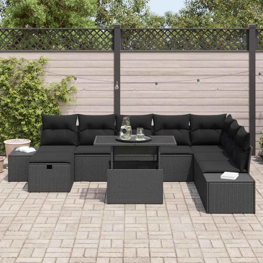 9 Piece Modular Garden Sofa Set Poly Rattan and Acacia Wood Height-Adjustable Table Outdoor Furniture Black