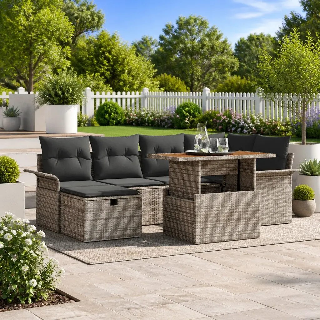 Garden Sofa Set 7 Pieces Height Adjustable Outdoor Furniture Grey Poly Rattan