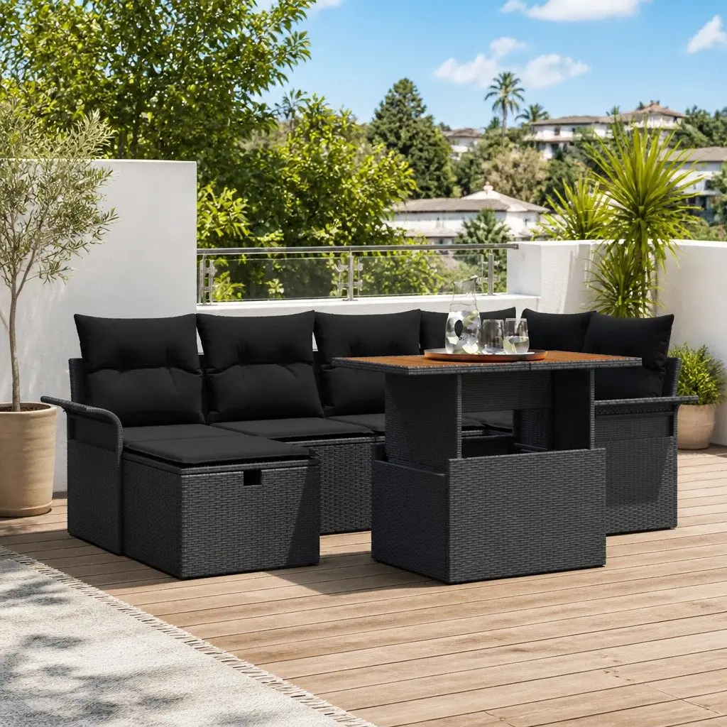 Garden Sofa Set 7 Piece Height-Adjustable Backrest Black Poly Rattan Acacia Wood Steel Frame Polyester Cushions