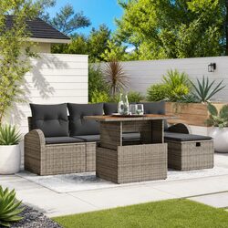 Garden Sofa Set 6-Piece Poly Rattan Outdoor Furniture with Height-Adjustable