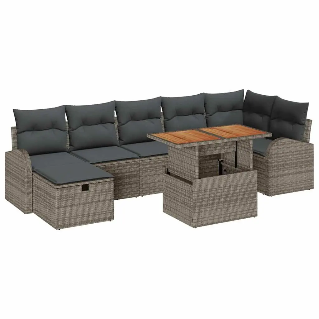 Garden Sofa Set Modular Height-Adjustable 8 Pieces Poly Rattan Solid Acacia Wood Grey Outdoor Seating