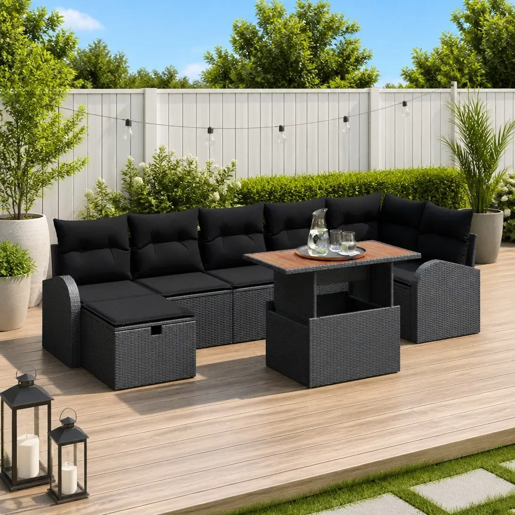 Garden Sofa Set Height-Adjustable 8 Pieces Black Poly Rattan Solid Acacia Wood Outdoor Furniture