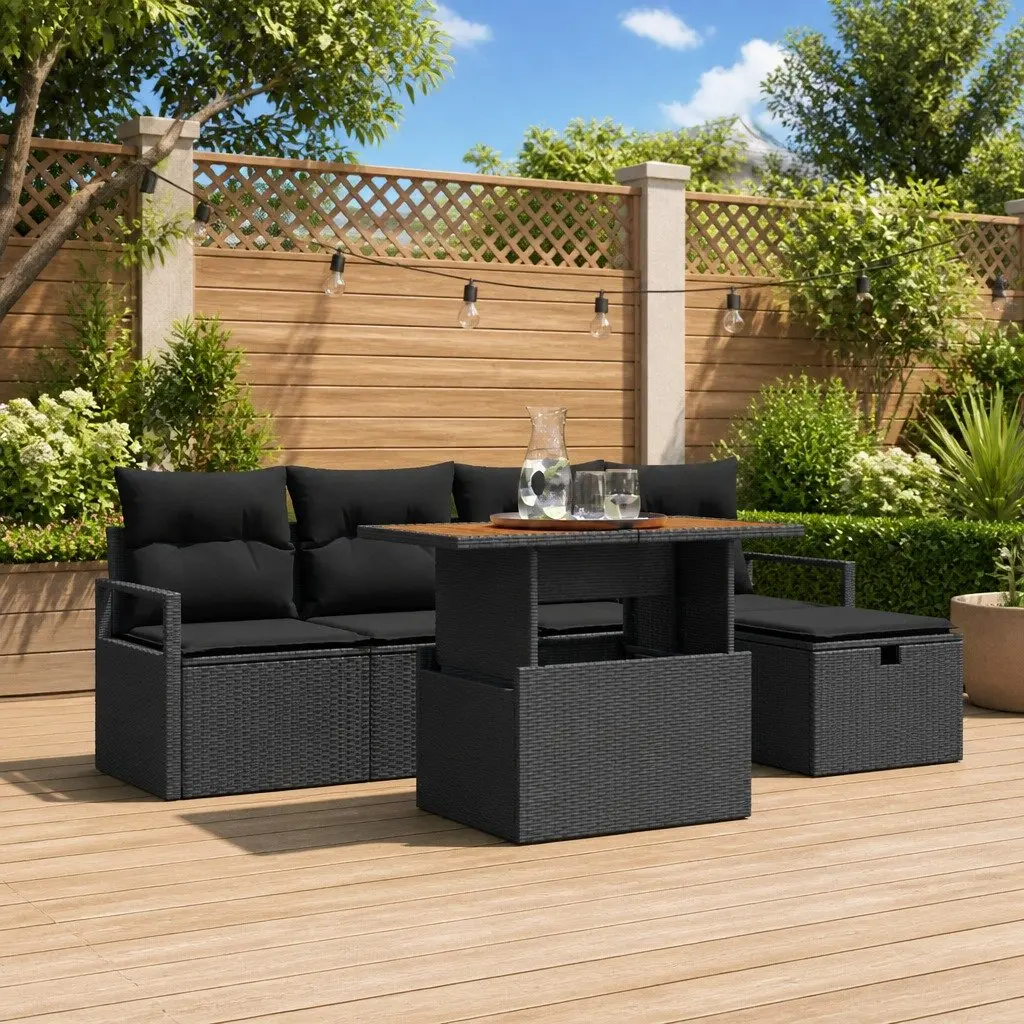Garden Sofa Set Poly Rattan 6-Piece Outdoor Furniture Height-Adjustable Black