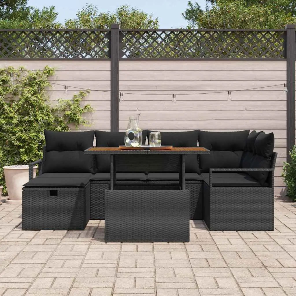 Outdoor Furniture Set Black Poly Rattan Height Adjustable Modern 7 Piece Garden Sofa