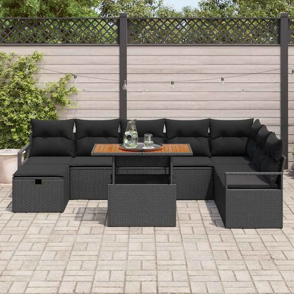 Garden Sofa Set 9 pcs Height-Adjustable Outdoor Lounge Black Poly Rattan