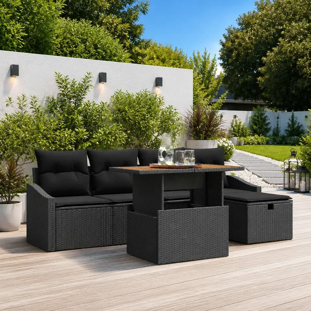 Garden Sofa Set Poly Rattan Height-Adjustable 6 Piece Black