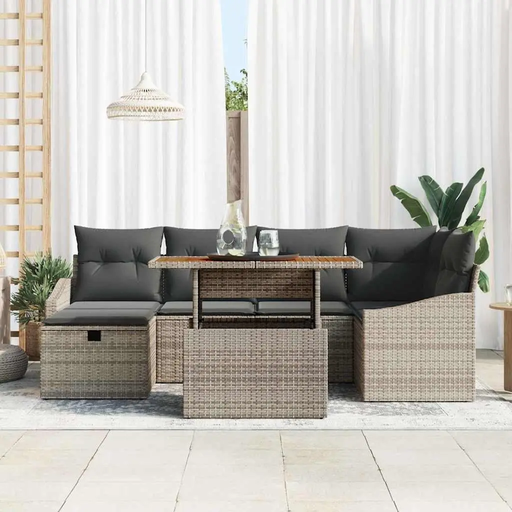 Garden Sofa Set Height-Adjustable Grey Poly Rattan 7 Piece Outdoor Furniture