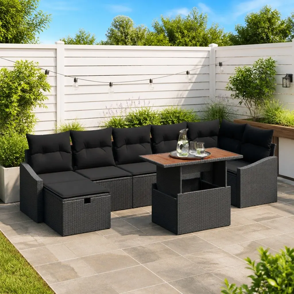 Outdoor Sofa Set 8 Piece Height Adjustable Black Poly Rattan Steel Frame Acacia Wood Table