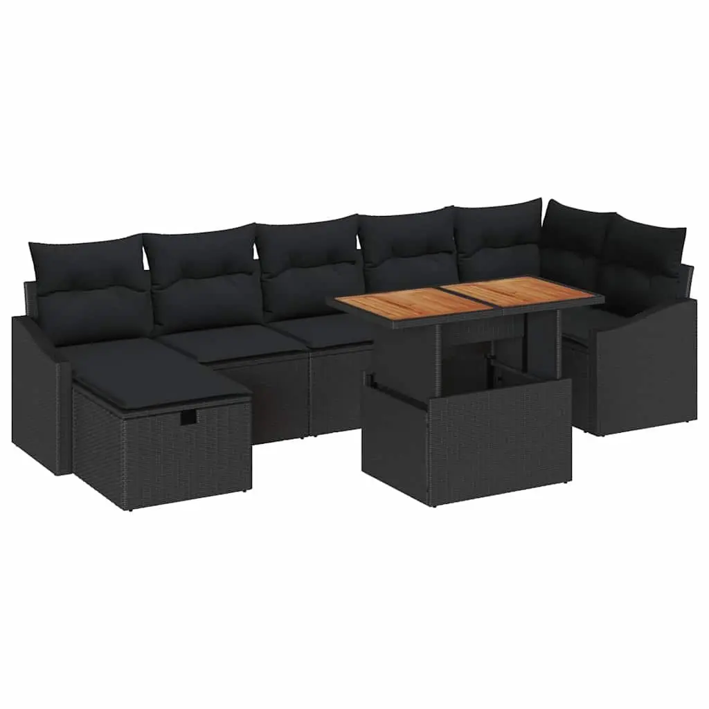 Outdoor Sofa Set 8 Piece Height Adjustable Black Poly Rattan Steel Frame Acacia Wood Table