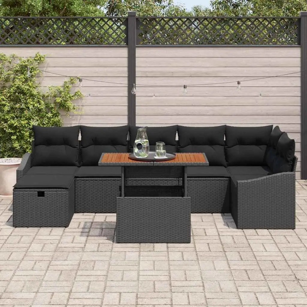 Outdoor Sofa Set 8 Piece Height Adjustable Black Poly Rattan Steel Frame Acacia Wood Table
