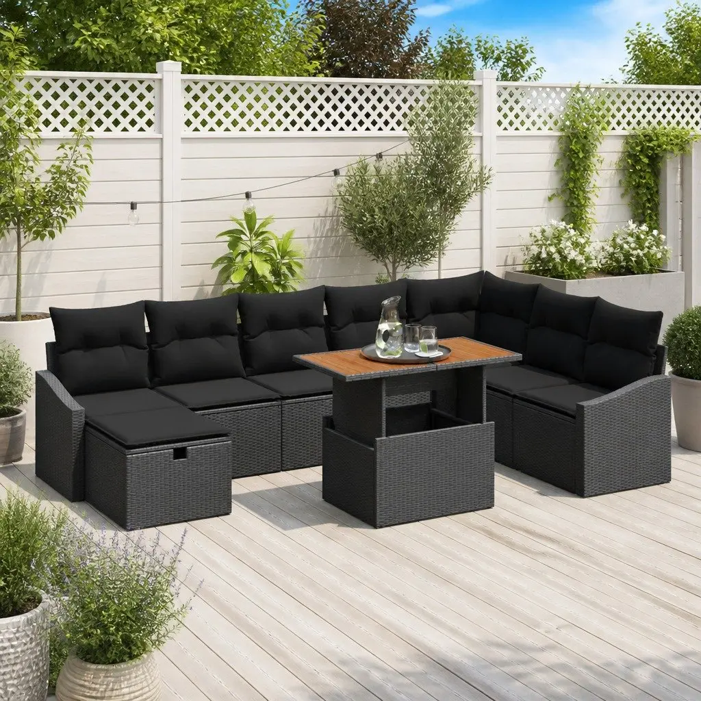 Outdoor Garden Sofa Set Modular Poly Rattan Solid Steel 9 Pieces Black
