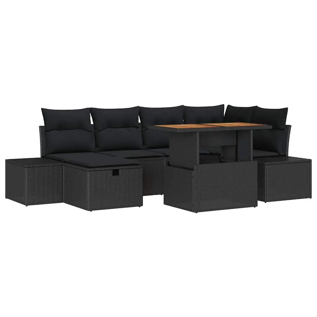 Garden Sofa Set 7-Piece Height Adjustable Black Poly Rattan Steel Frame Natural Acacia Wood Table Top