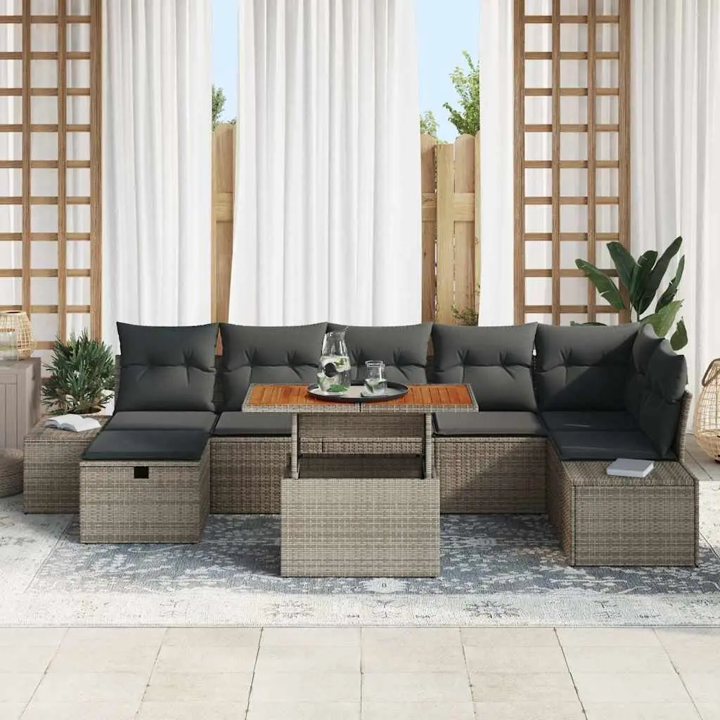 Modular 8 Piece Outdoor Sofa Set Grey Rattan Height Adjustable Garden Furniture with Steel Frame and Solid Acacia Wood Table