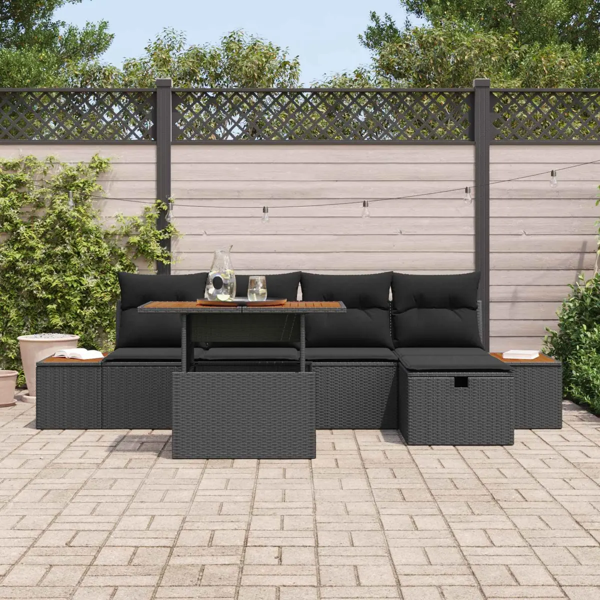 Garden Sofa Set 6-Piece Height-Adjustable Outdoor Furniture Patio Black Rattan