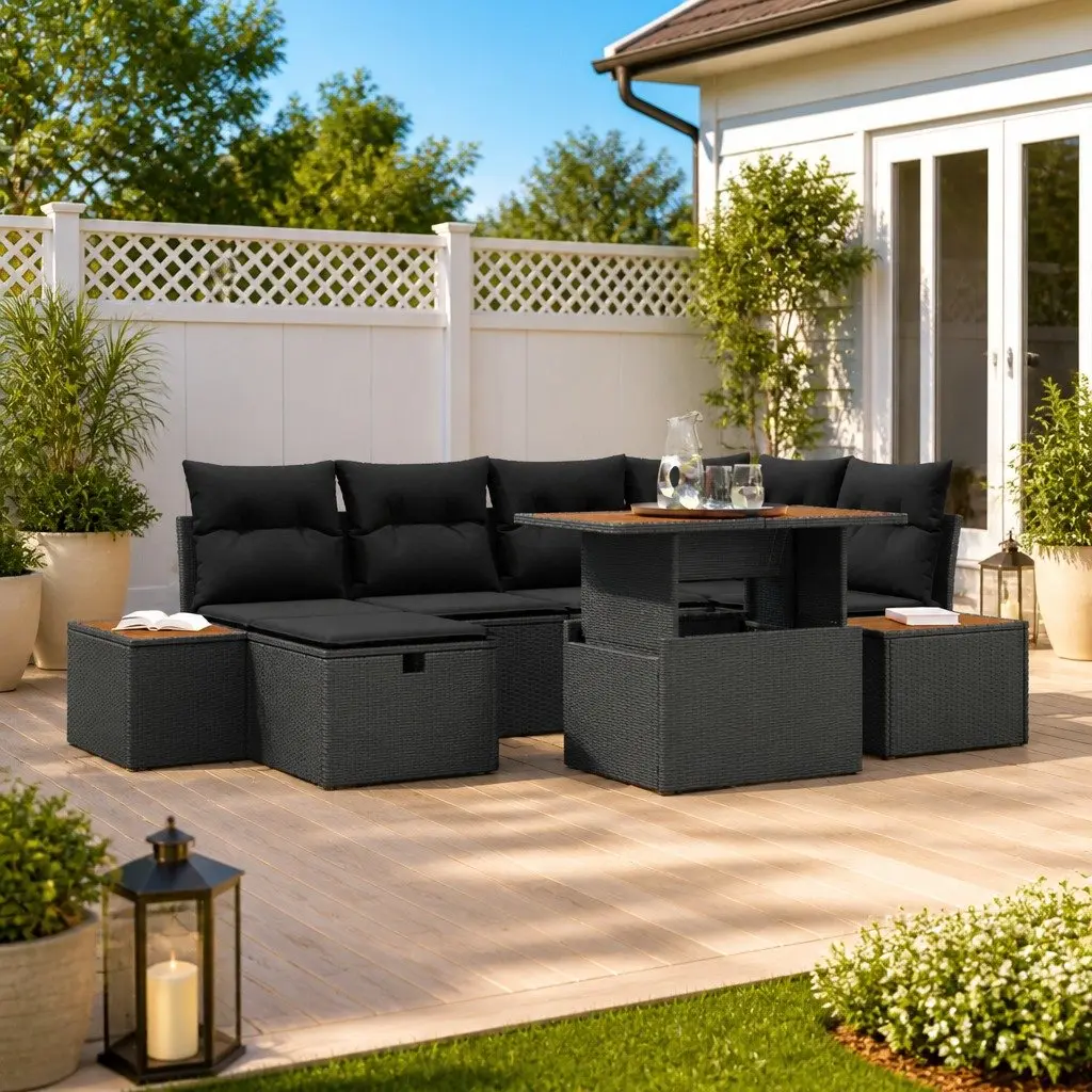 Outdoor Garden Sofa Set Poly Rattan 7 Piece Black
