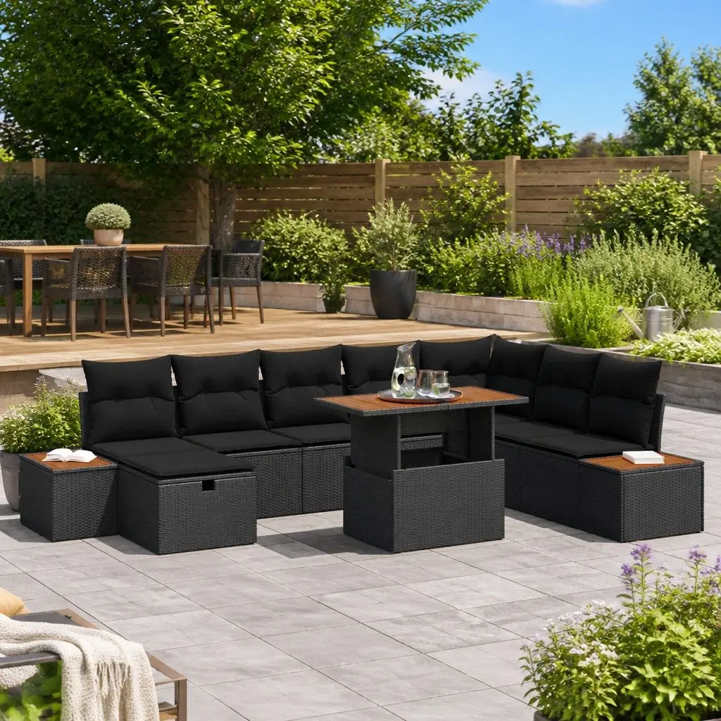 Modular 9 Piece Black Poly Rattan Outdoor Sofa Set with Acacia Wood Table and Hidden Storage for Garden and Patio