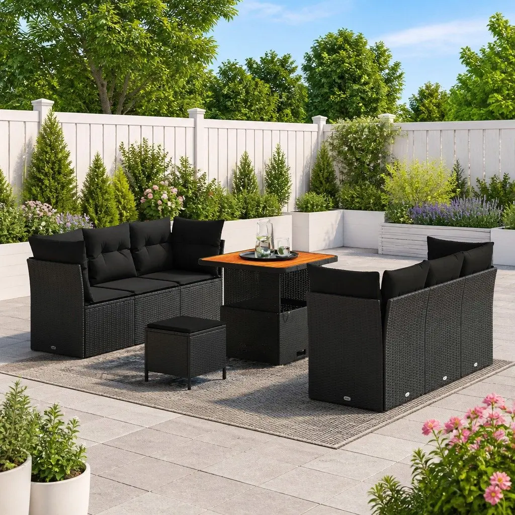 Modular Garden Sofa Set Powder-Coated Steel 9 Pieces Black Outdoor Furniture