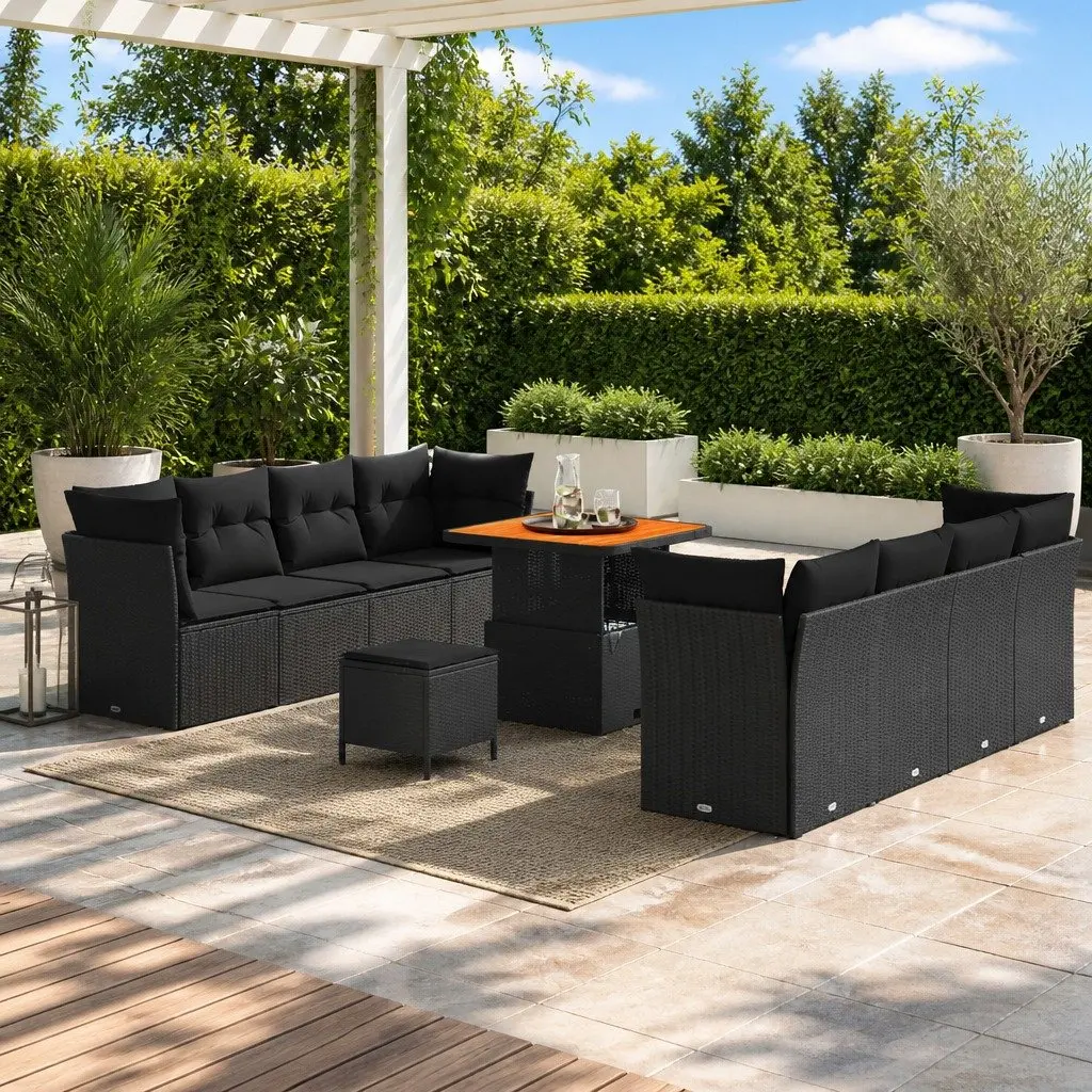 Garden Sofa Set Poly Rattan Acacia Wood 11 Pieces Black