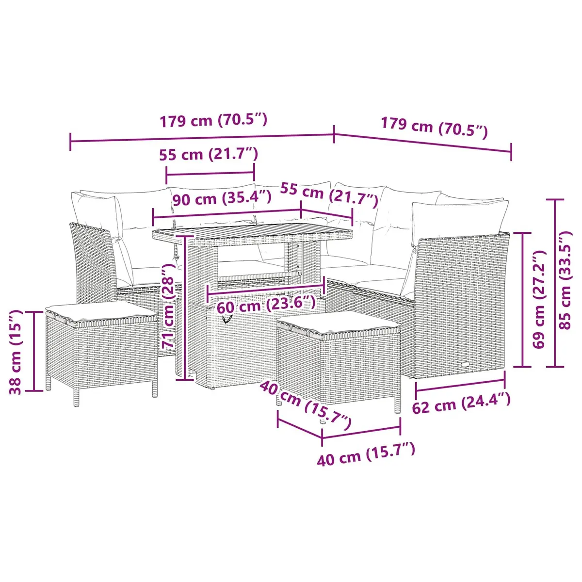 Outdoor Garden Sofa Set Modular Poly Rattan 8 Pieces Black