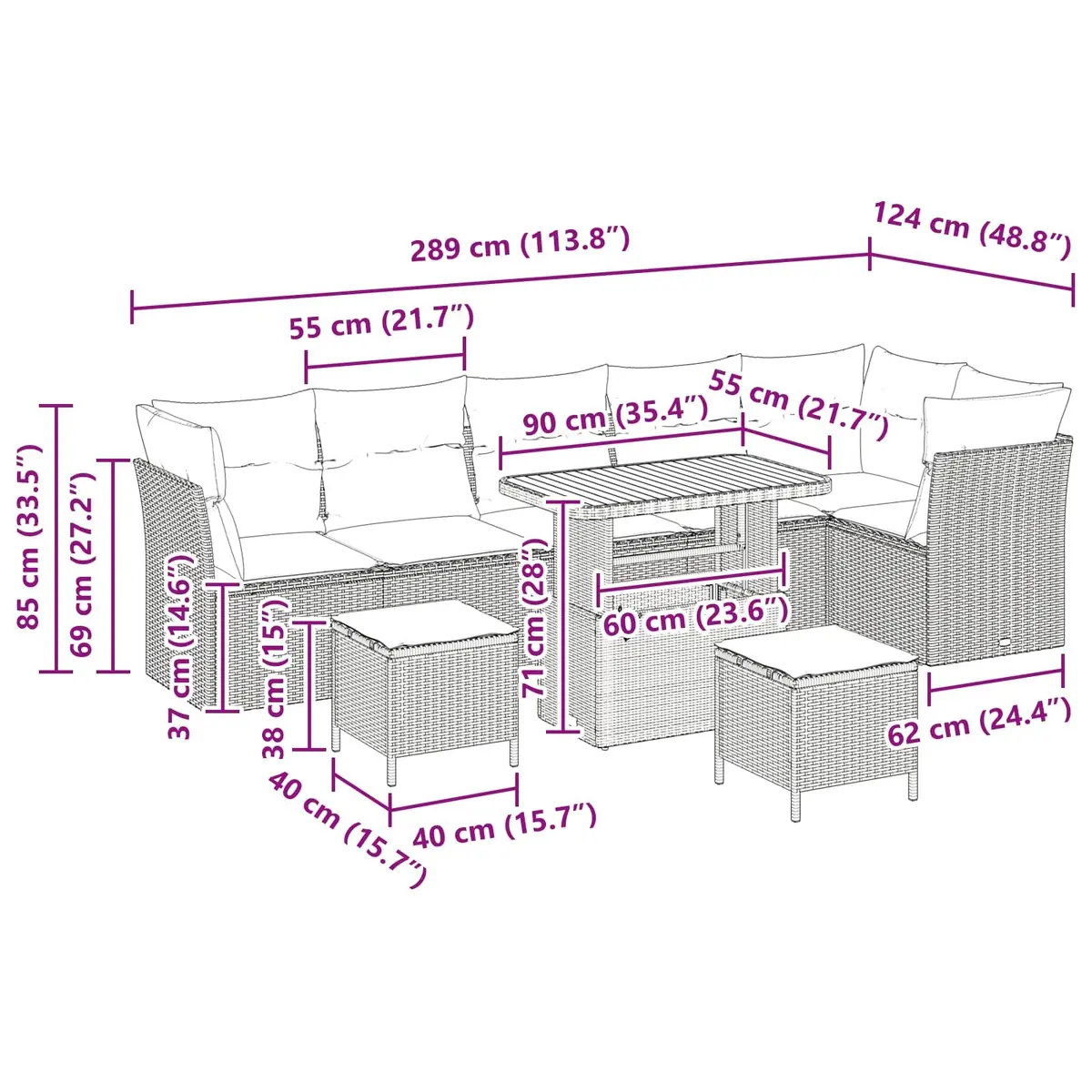 Modular 9 Piece Outdoor Sofa Set Black Poly Rattan and Acacia Wood Garden Lounge Furniture