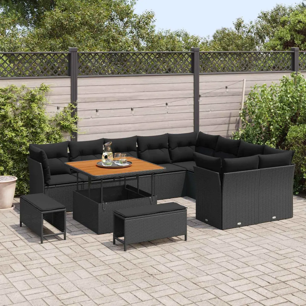 Modular 12 Piece Black Poly Rattan Outdoor Sofa Set Adjustable Height Garden Furniture