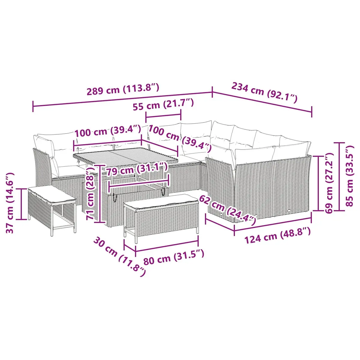 Modular 12 Piece Black Poly Rattan Outdoor Sofa Set Adjustable Height Garden Furniture