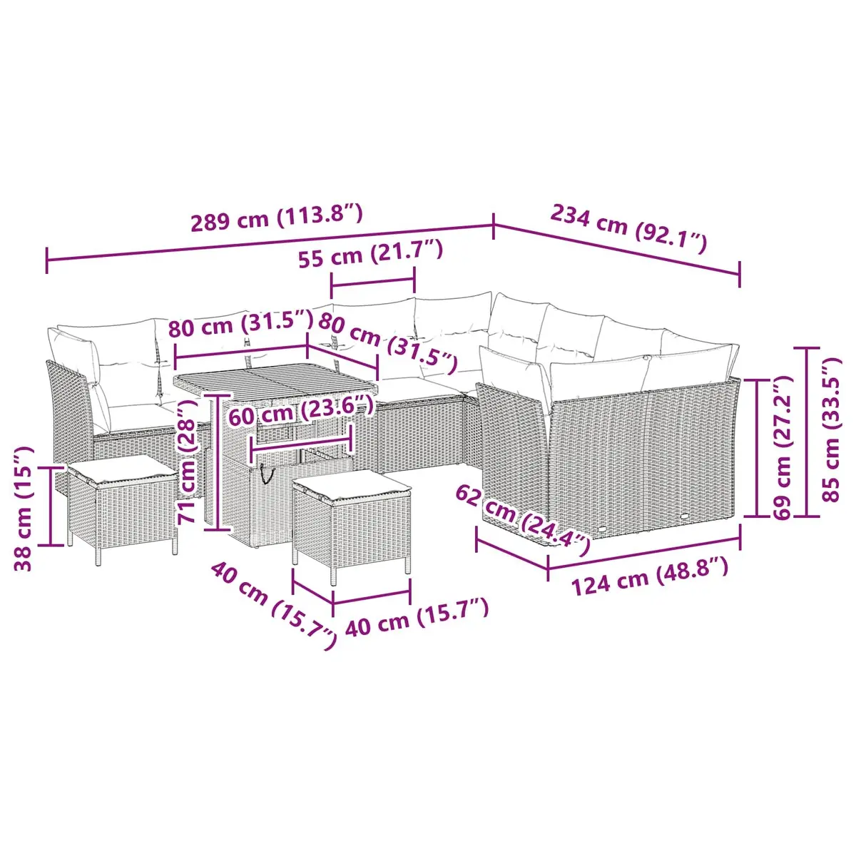 Outdoor Garden Sofa Set Modular Poly Rattan 12 Piece Black
