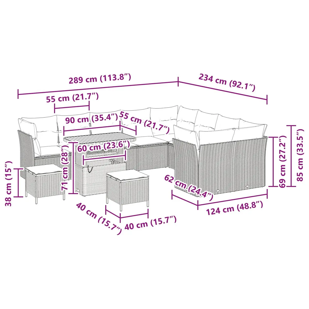 Outdoor Garden Sofa Set 12 pcs Height-Adjustable Modular Patio Furniture Black