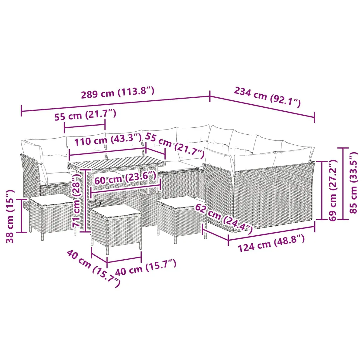 Outdoor Garden Sofa Set 13-Piece Height-Adjustable Modular Black Patio Furniture