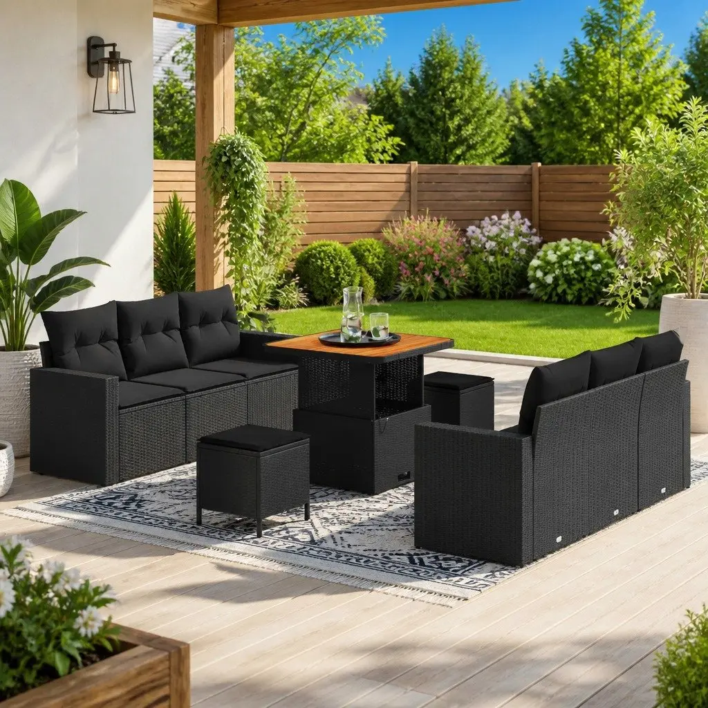 Modular Garden Sofa Set Height-Adjustable 9 Pieces Black Poly Rattan Outdoor