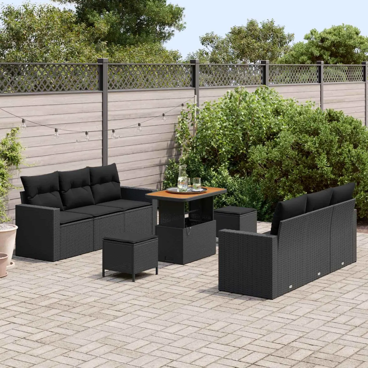 Height-Adjustable Modular Sofa Set Black Outdoor Furniture 9 Pieces Poly Rattan and Acacia Wood