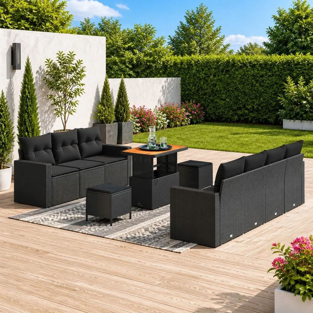 Modular Garden Sofa Set Poly Rattan 10 Piece Black Outdoor Patio Furniture