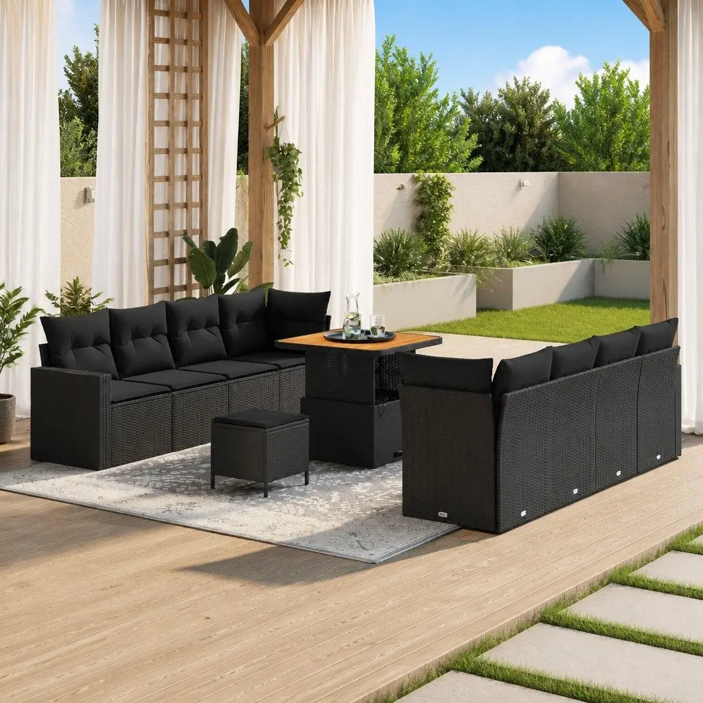 Modular Garden Sofa Set 11 Piece Black Poly Rattan Acacia Wood Outdoor Furniture