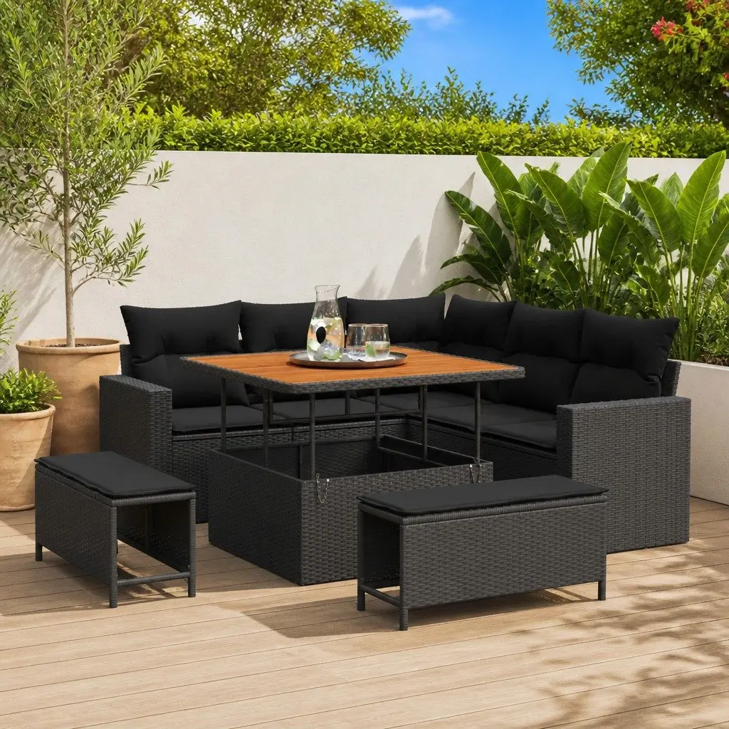 Garden Sofa Set Modular Poly Rattan Solid Acacia Wood 8 Pcs Black Outdoor Furniture