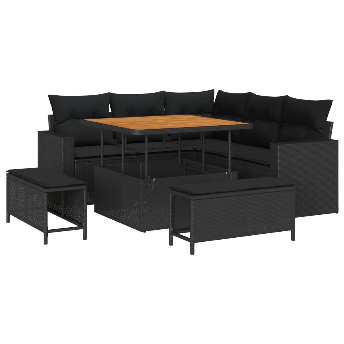 Garden Sofa Set Modular Poly Rattan Solid Acacia Wood 8 Pcs Black Outdoor Furniture