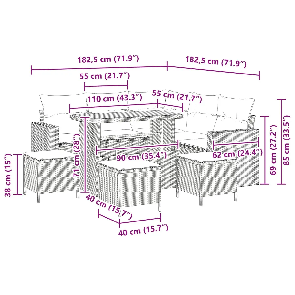 Modular Black Poly Rattan Outdoor Sofa Set 9 Piece Seating Collection for Garden and Patio