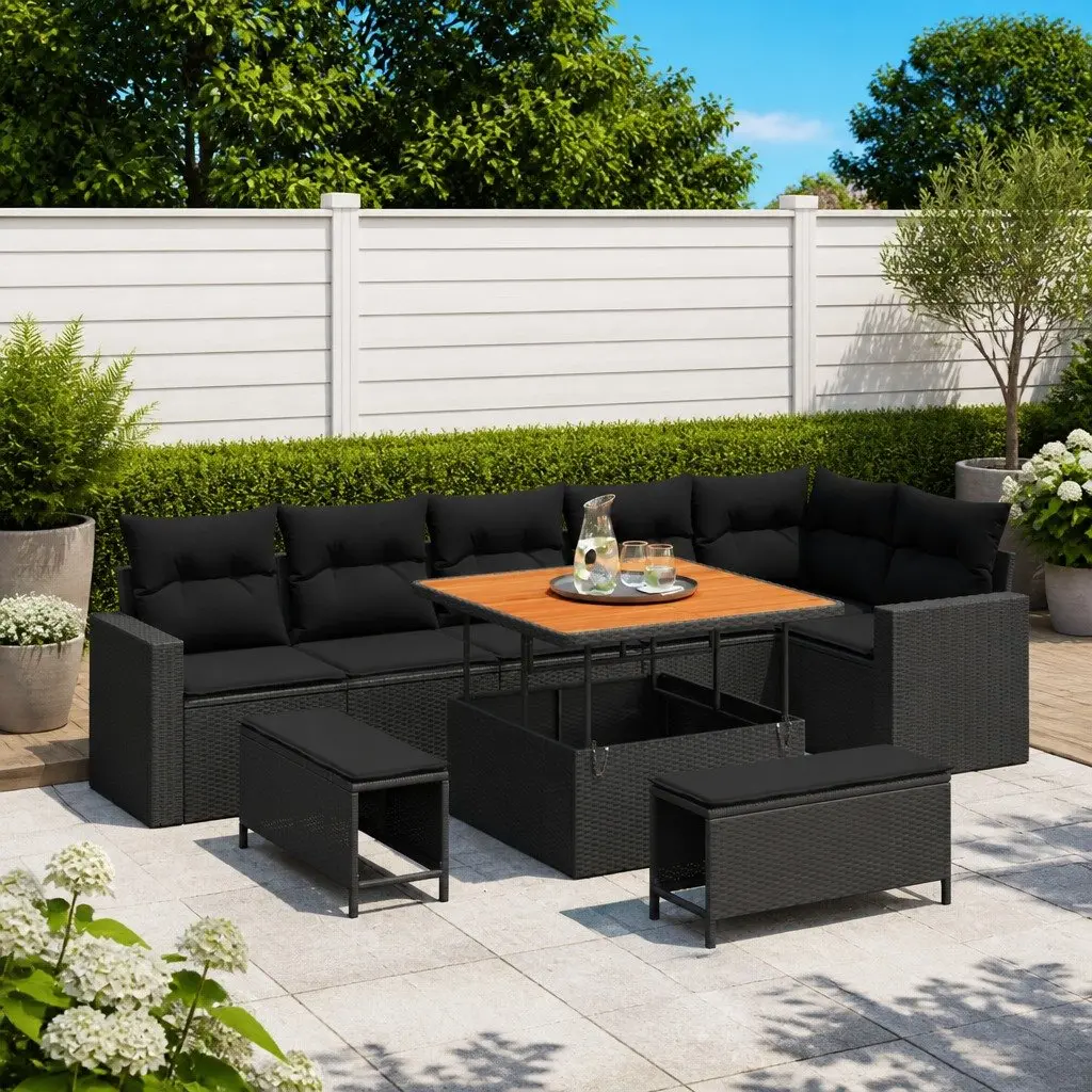 Garden Sofa Set Modular Poly Rattan Acacia Wood Steel 9 Piece Black