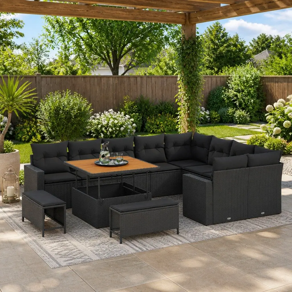 Modular Sofa Set Black Poly Rattan Height-Adjustable 12 Piece Outdoor Garden Furniture