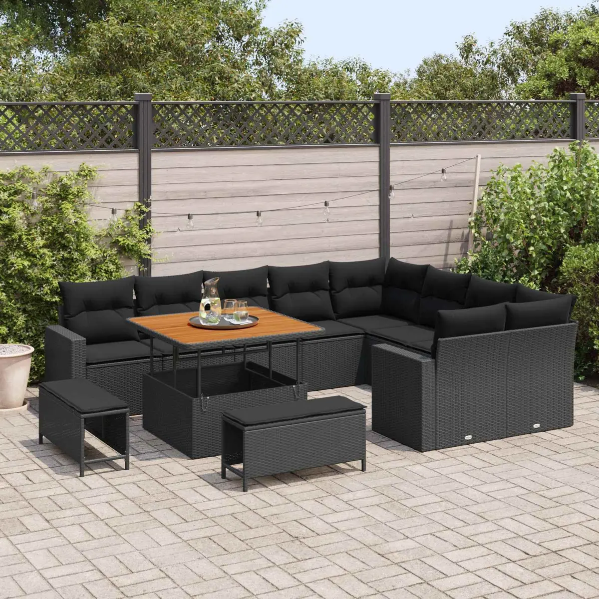 Modular Sofa Set Black Poly Rattan Height-Adjustable 12 Piece Outdoor Garden Furniture