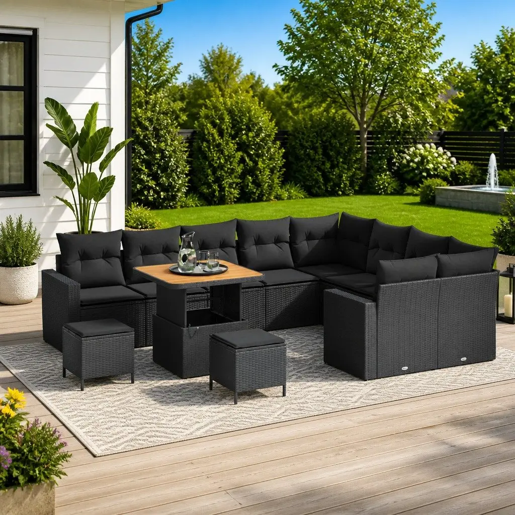 Outdoor Garden Sofa Set Modular Height-Adjustable 12 Piece Black Poly Rattan Acacia Wood Powder-Coated Steel