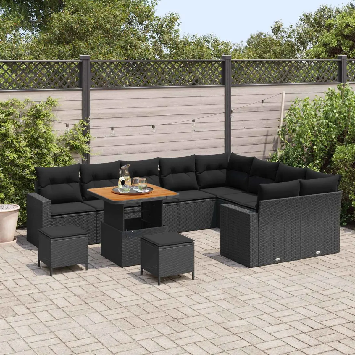 Outdoor Garden Sofa Set Modular Height-Adjustable 12 Piece Black Poly Rattan Acacia Wood Powder-Coated Steel