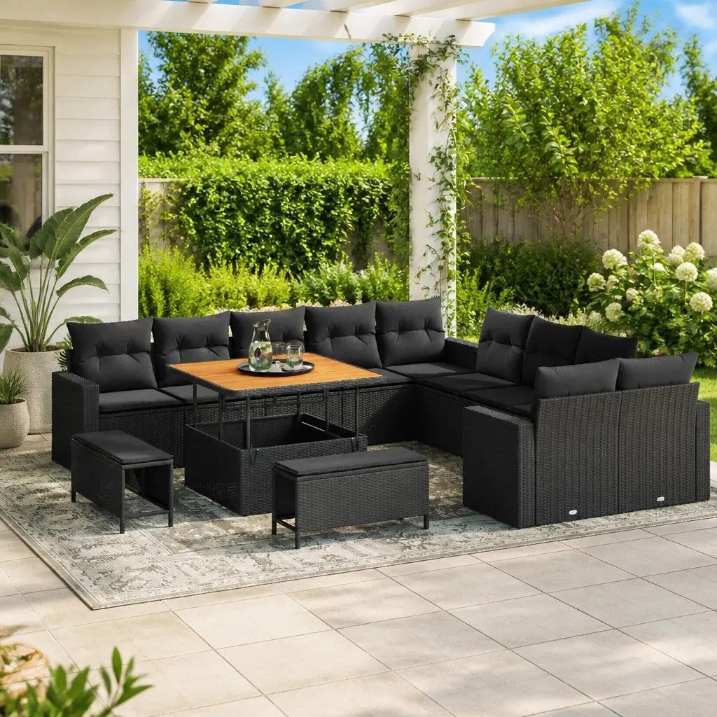 Outdoor Furniture Set Modular Black Poly Rattan 13 Pieces Adjustable Height Sofa