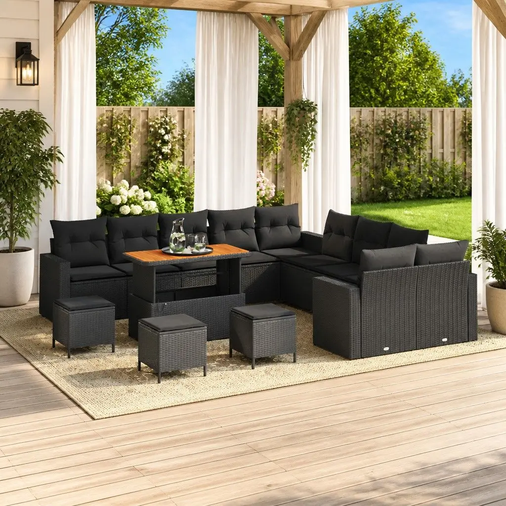 Garden Sofa Set Height-Adjustable Outdoor Seating Black Poly Rattan 14 Piece