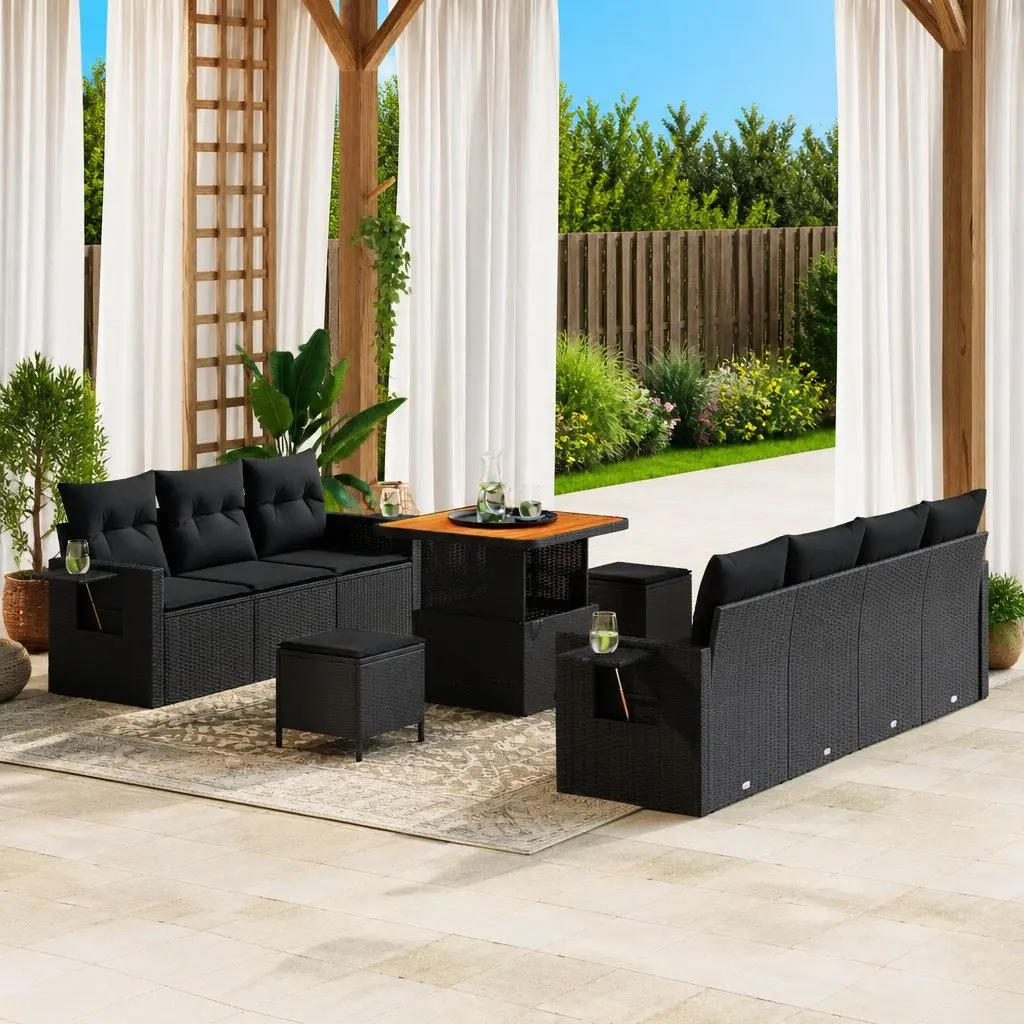 10 Piece Modular Garden Sofa Set Poly Rattan Height Adjustable Table Black Outdoor Furniture