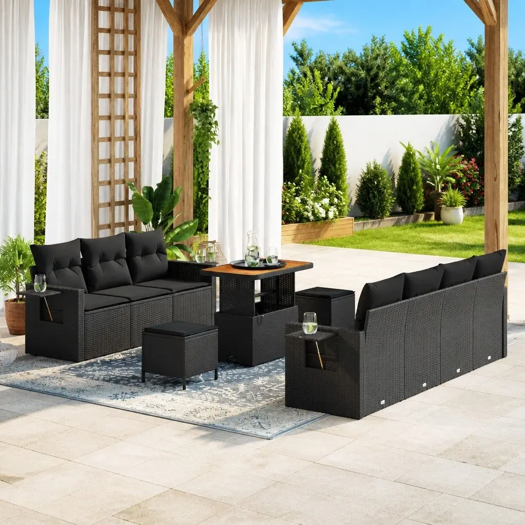 Modular Garden Sofa Set Poly Rattan Acacia Wood 10 Piece Black Outdoor Furniture