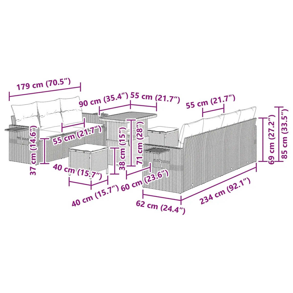 Modular Garden Sofa Set Poly Rattan Acacia Wood 10 Piece Black Outdoor Furniture
