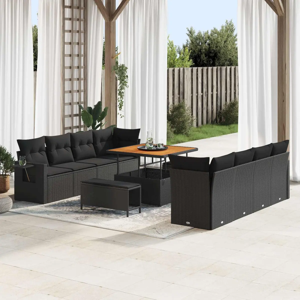 Garden Sofa Set Modular Outdoor Furniture 11 Pieces Black Poly Rattan Cushion