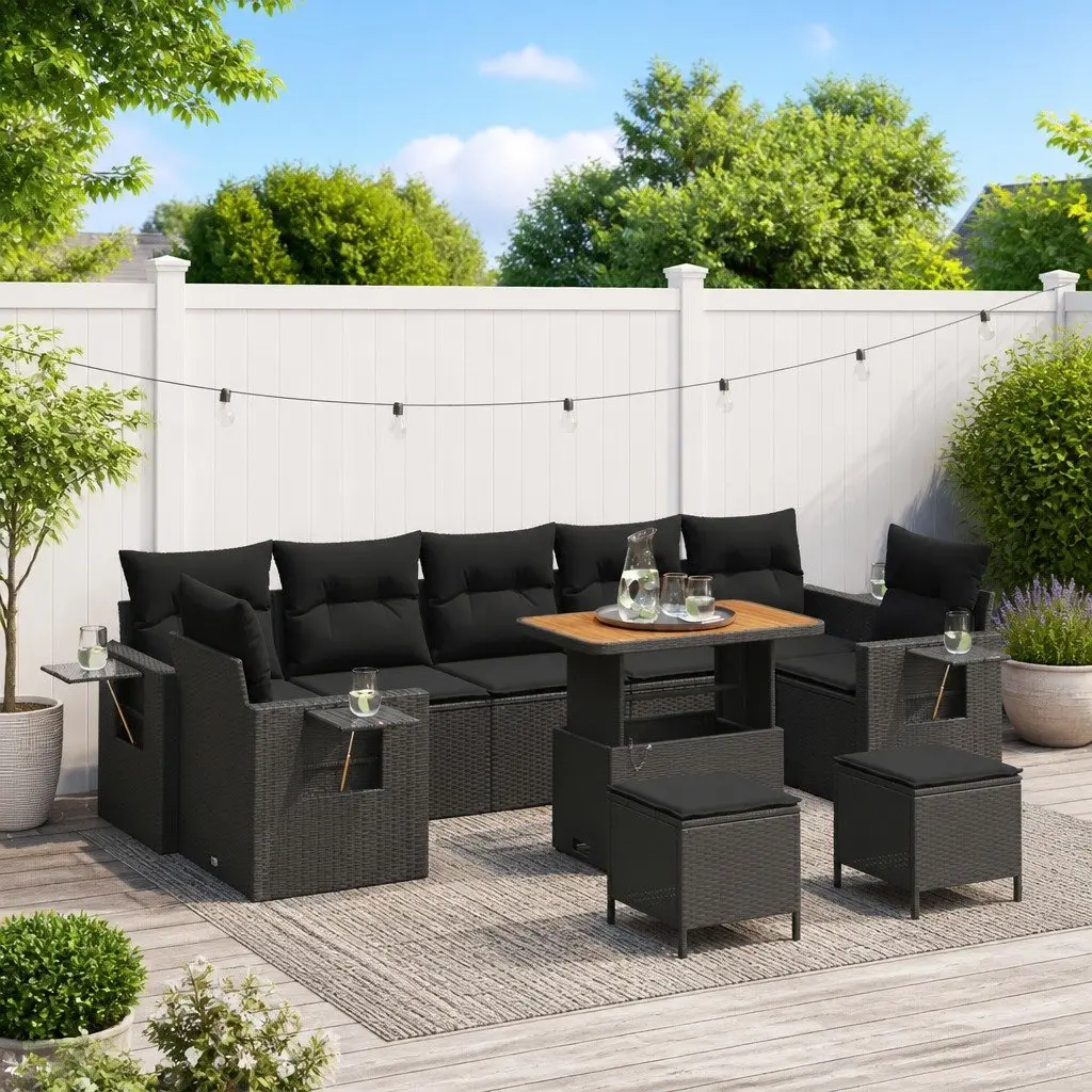 Modular Garden Sofa Set Poly Rattan Solid Acacia Wood 10 Pieces Black Height-Adjustable Table