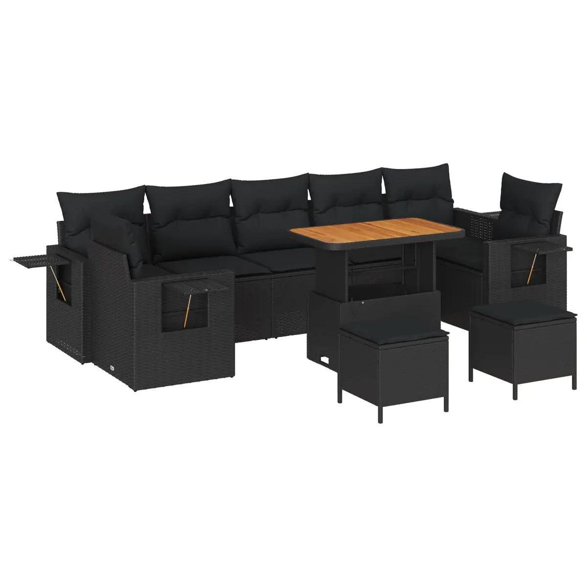 Modular Garden Sofa Set Poly Rattan Solid Acacia Wood 10 Pieces Black Height-Adjustable Table