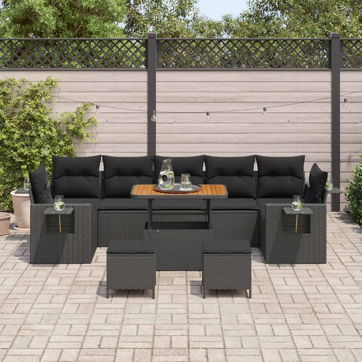 Modular Garden Sofa Set Poly Rattan Solid Acacia Wood 10 Pieces Black Height-Adjustable Table